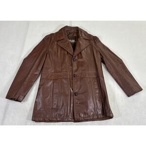VINTAGE 1970s Campus Studio One Brown Leather Coat Size 44 Zip Out Lining Chrty